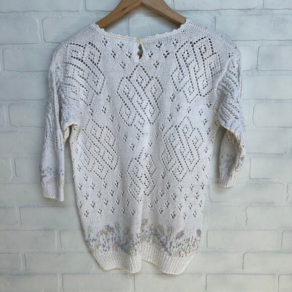 Needleworks 1989 80's Vintage Cotton Embroidered Short Sleeve Sweater- sz S - Picture 2 of 7